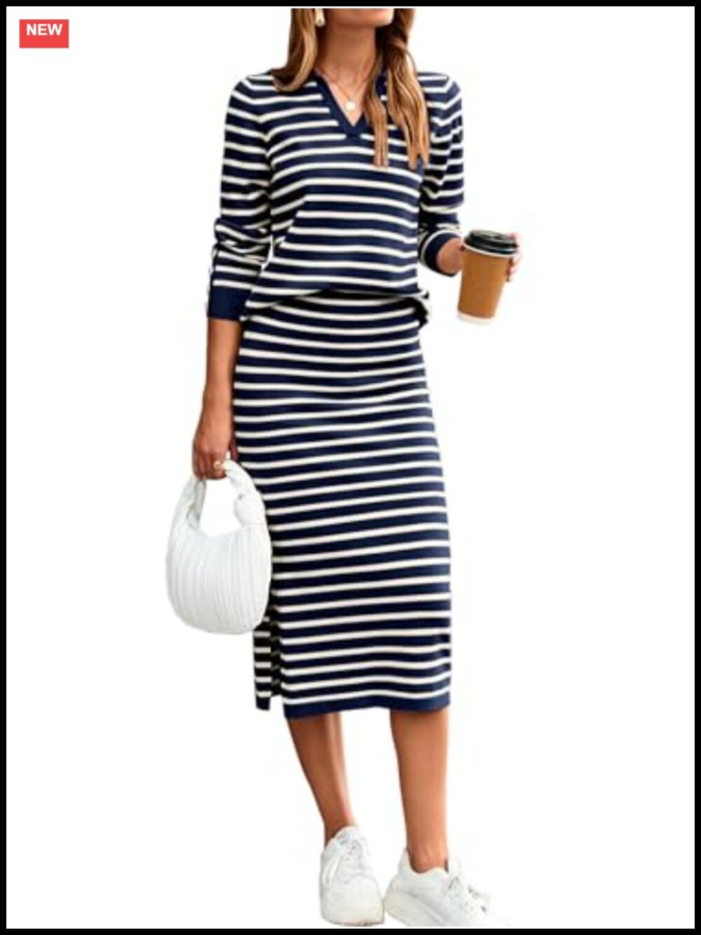 Women's 2 Piece Skirt Set Striped Knit Sweater Midi Dress Outfit Long Sleeve